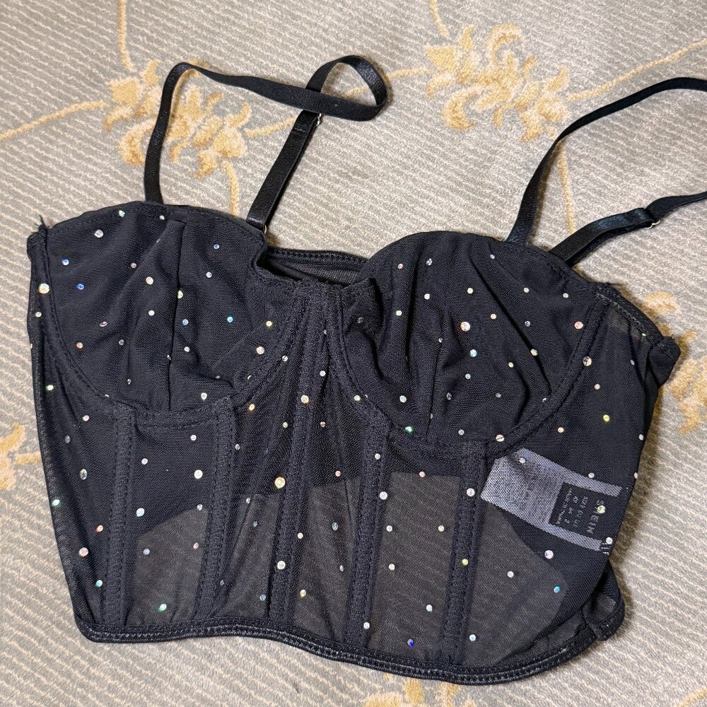 SHEIN Black Rhinestone Mesh Corset Top | XS | Bustier | New